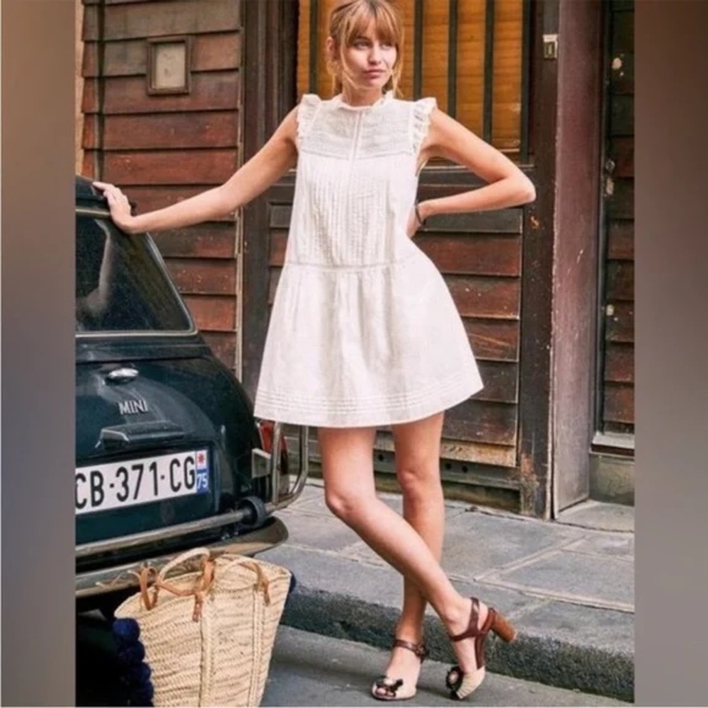 Sezane White Lace Ruffle Sleeveless Dress
